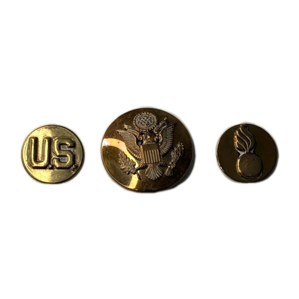 Vintage U.S. Army Collar Insignia Pin Set – US Disc, Great Seal, Ordnance Bomb